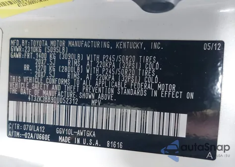 2013 Toyota Venza Xle V6 z USA, uszkodzony, nr VIN 4T3ZK3BB9DU052312